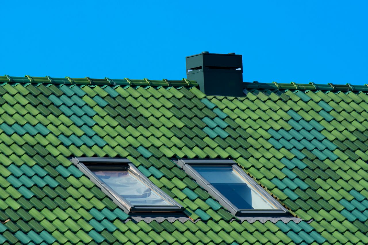 Home A modern architectural roof with green tiles, skylights, and chimney against a blue sky.